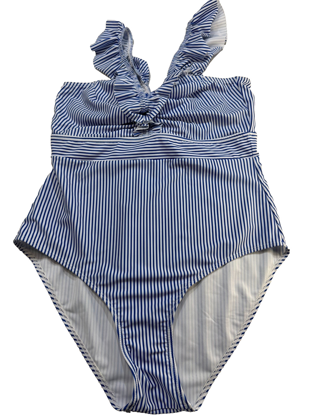 Coastal Nautical Hamptons Style Goodnight Macaroon Blue Striped Swimsuit Size L